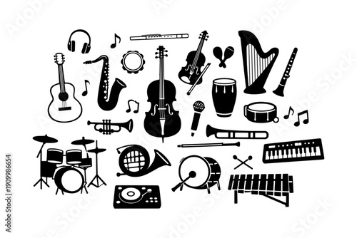 Variety of musical instruments collection in black silhouette