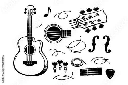 Acoustic guitar elements: strings, tuning pegs, musical notes, and pick