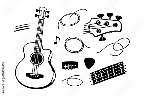 Acoustic guitar components and accessories illustration