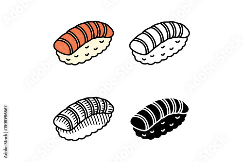 Salmon nigiri sushi japanese food icon element collection with colorful, outline, silhouette and engraving style for restaurant, eatery and culinary. Vector illustration.