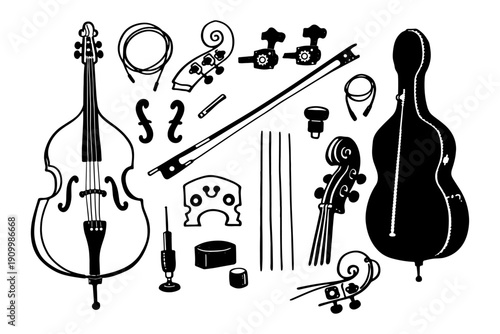 Double bass components and accessories illustration