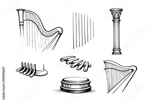 Harp and musical elements illustration with strings and column