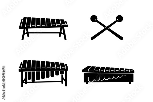 Black silhouette set of xylophones and mallets in various styles