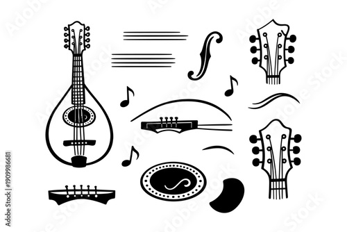 Mandolin instrument elements: strings, notes, and tuning pegs illustration