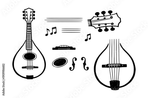 Mandolin design elements: strings, notes, headstock, musical symbols, black and white