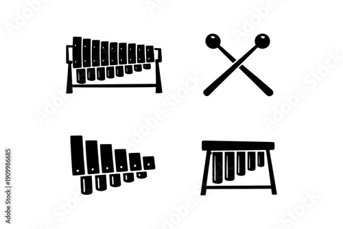 Silhouette musical percussion instruments with xylophone and mallets