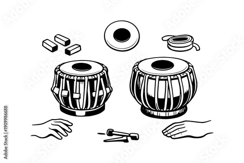 Hands playing tabla drums with accessories - musical instrument illustration