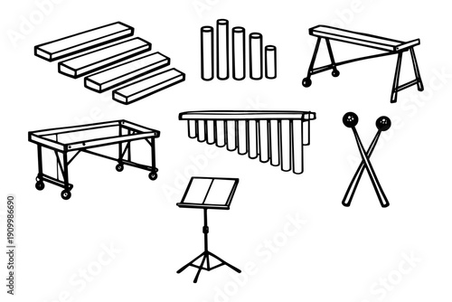 Percussion instruments collection with marimba xylophone and sheet music stand