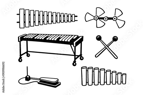 Black and white musical instruments: xylophone, glockenspiel, timpani, vibraphone, drumsticks