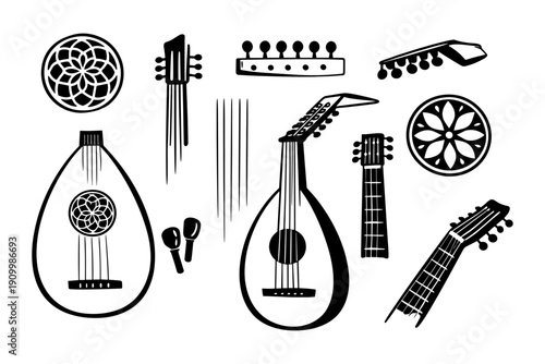 Black and white lute illustrations featuring historical stringed instruments