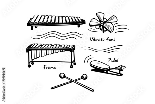 Marimba parts and accessories: bars, vibrato fans, frame, pedal, mallets