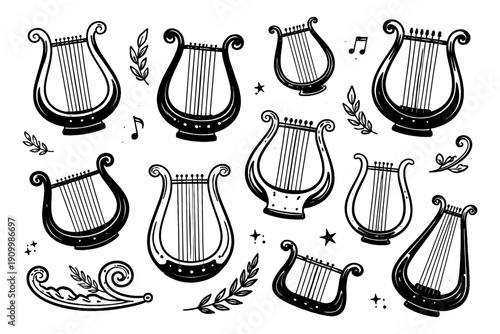 Set of various ancient lyres with musical notes and decorative elements