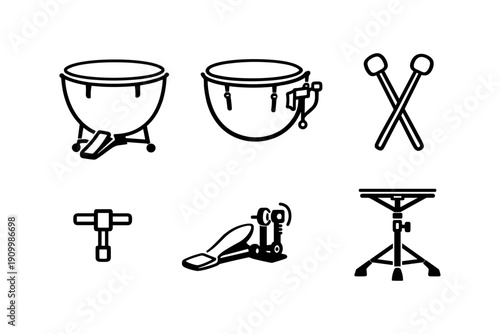 Icon set of timpani drums and percussion accessories