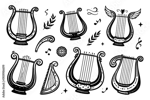 Collection of decorative harps and lyres with musical symbols