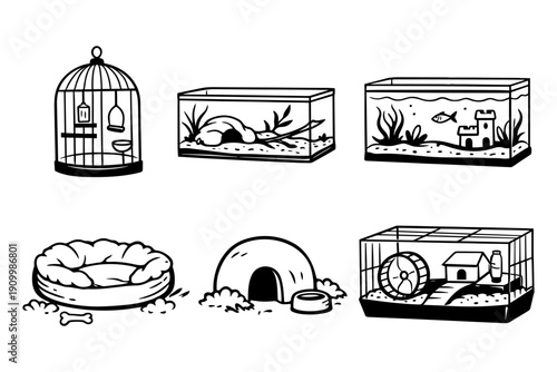 Illustration of pet cages and habitats: birdcage, terrarium, aquarium, dog bed, pet igloo, hamster cage