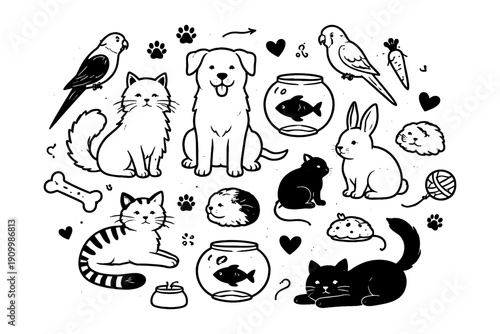 Cute cartoon pets collection with cats, dogs, fish, birds, and small animals