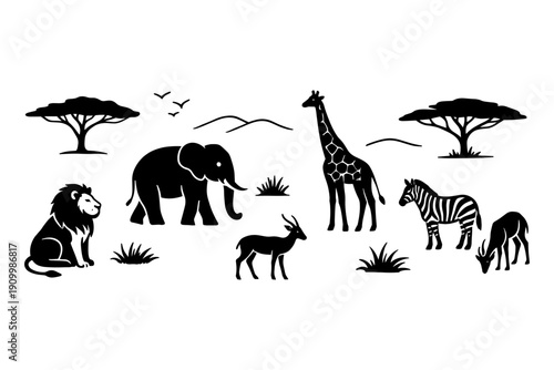 Silhouette of african safari animals: lion, elephant, giraffe, zebra, antelope