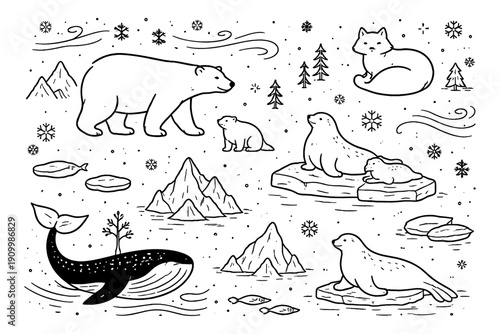 Arctic wildlife illustration with bear, seals, whale, and fox in winter scene