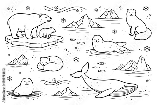 Arctic wildlife: polar bears, seals, whales, and arctic foxes in icy habitat