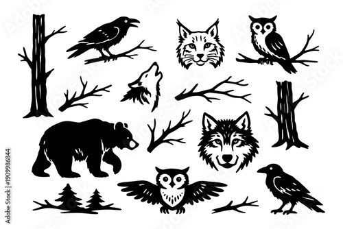 Silhouette wildlife collection: bear, wolf, owl, lynx, and birds in forest scene