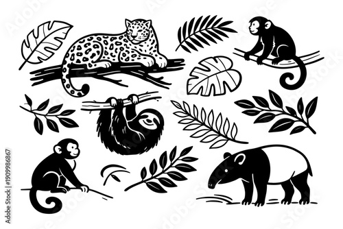 Jungle animals illustration with leopard, monkeys, sloth, and tapir among leaves