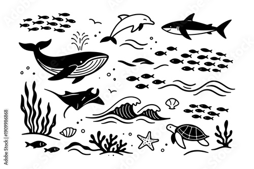 Marine life silhouettes: whales, dolphins, sharks, fish, and sea turtles