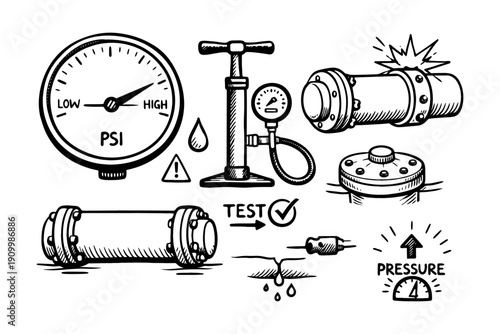 Pressure testing tools and equipment: pump, gauge, pipes, warnings, psi symbols in black and white