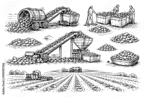 Potato farming process: harvesting, sorting, and processing scenes illustrated