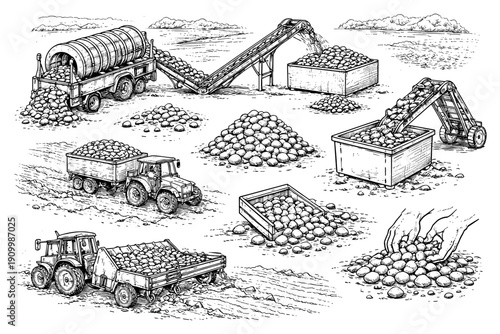 Monochrome illustration of potato harvest: machinery and trucks at work