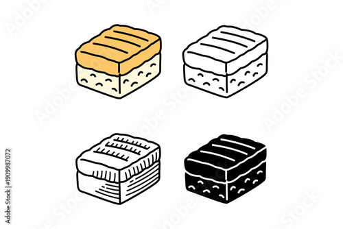 Tamago sushi, Japanese egg sushi, Tofu nigiri sushi icon element collection with colorful, line art, solid, hand drawn style for restaurant, eatery, culinary. Vector illustration