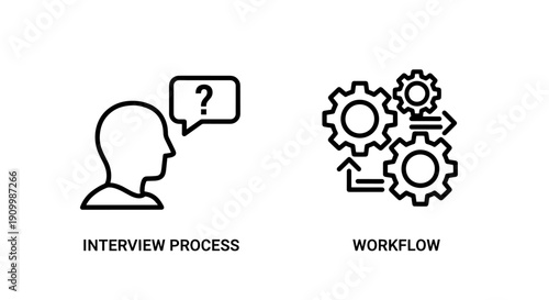 Illustration of interview process and workflow icons, representing questions and gears in a streamlined process.