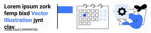 Workflow automation, task tracking, productivity planning, team collaboration, organizational tools, tech processes. Calendar with highlighted date and woman holding gear symbol. Workflow automation