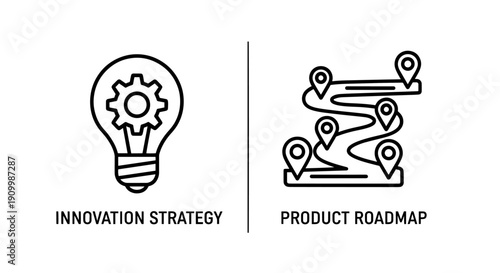 Icons representing innovation strategy with a lightbulb and gears, and product roadmap with map pins.
