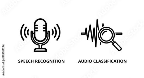 Icons for speech recognition with microphone and sound waves, and audio classification with waveform and magnifier.