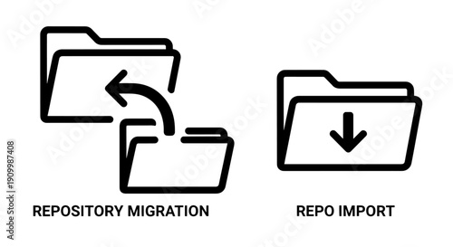 Set of icons representing data migration and import processes, with folders and arrows illustrating data transfer and loading.