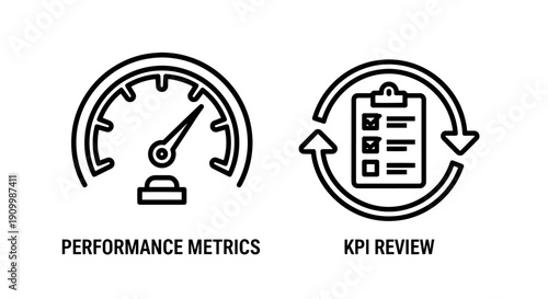 Icons representing performance metrics and KPI review with speedometer and checklist, for business evaluation