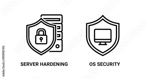 Icons for server and OS security, featuring a shield with a lock over servers and another shield with a computer monitor.