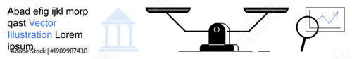 Legal analysis, data evaluation, justice, financial audits, government regulation, business strategy. A scale, courthouse and chart with magnifying glass. Legal analysis and data evaluation