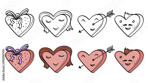 Cute Hearts Cartoon Face Doodle Valentines Set with Lines and Colorful Elements.Vector Illustration