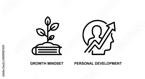Icons for growth mindset and personal development, showing a plant growing from a book and a person's head with a rising graph.