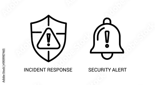 Icons representing incident response and security alerts, with a shield and exclamation mark, and a bell with an alert.