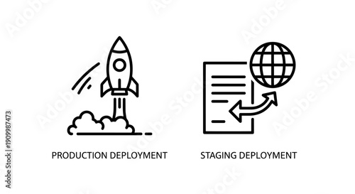 Icons for production and staging deployment, featuring a rocket launching and a document with an arrow pointing to a globe.