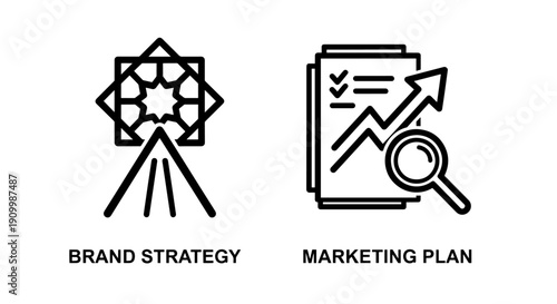 Modern line art icons for Brand Strategy and Marketing Plan, symbolizing growth, analysis, and strategic planning.