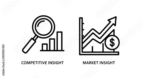Icons for Competitive Insight and Market Insight, featuring magnifying glass, charts, and financial symbols for business analysis.