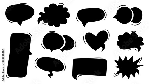Solid black comic speech bubble silhouettes and dialogue shapes isolated on a white background for pop art storytelling.Vector collection