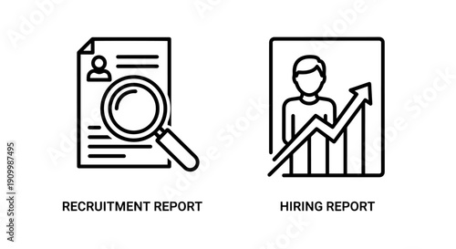 Icons for Recruitment Report and Hiring Report, showing resume, magnifying glass, user silhouette, and growth chart for HR analytics.