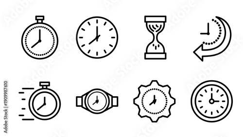 Outline Timekeeping Icons Set with Clock Face Hourglass and Stopwatch Elements.Vector Illustration