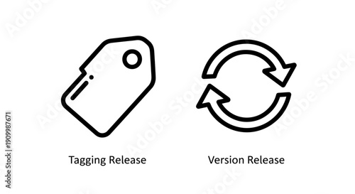 Software Development Icons: Tagging Release and Version Release Concepts in Clean Line Art Style