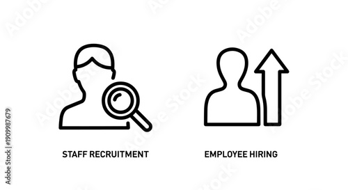 Human Resources Icons: Staff Recruitment with magnifying glass and Employee Hiring upward arrow