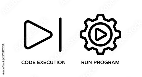 Programming Icons: Code Execution play button and Run Program gear with play symbol